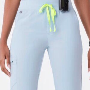 Figs Light Blue Scrub Pants with Neon Yellow Drawstring